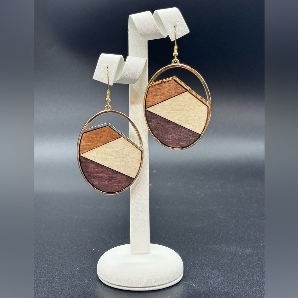 Gold Tone Fish Hook Earrings With Oval Wooden  Drop 2.75 inch